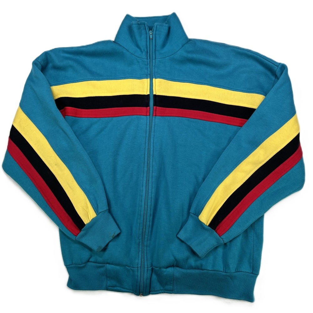 Vintage Hush Puppies Men's Full Zip Sweatshirt Fleece Lined Teal/Stripe Size XL